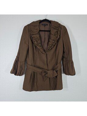 Lafayette 148 Ruffle Blazer Jacket Women Size 8 Silk Blend Brown Tie Waist Boho